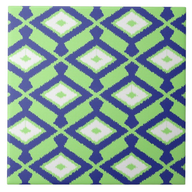 Ikat Pattern - Green, Indigo Blue and White Tile (Front)