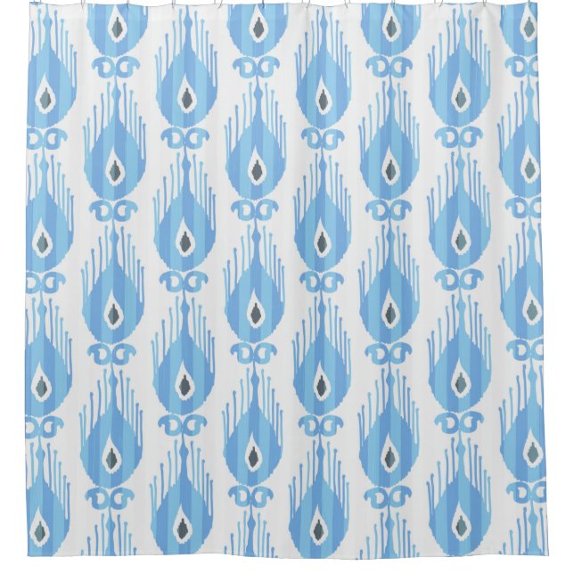 Ikat pattern in blue and white shower curtain (Front)