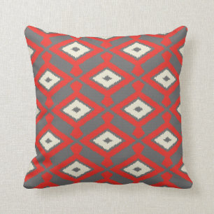 Ikat Pattern - Red, Grey and Beige Cushion