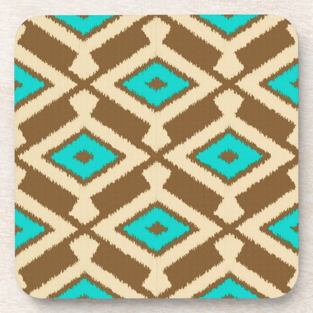 Ikat Pattern - Turquoise, Taupe and Beige Coaster (Front)