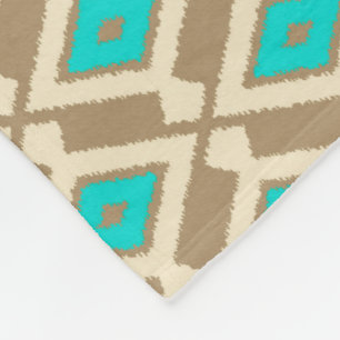 Ikat Pattern - Turquoise, Taupe and Beige Fleece Blanket