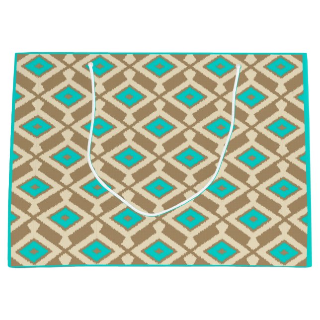 Ikat Pattern - Turquoise, Taupe and Beige Large Gift Bag (Front)