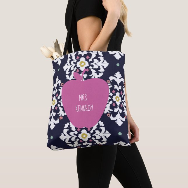 Ikat Pink Apple Teacher Tote Bag (Close Up)