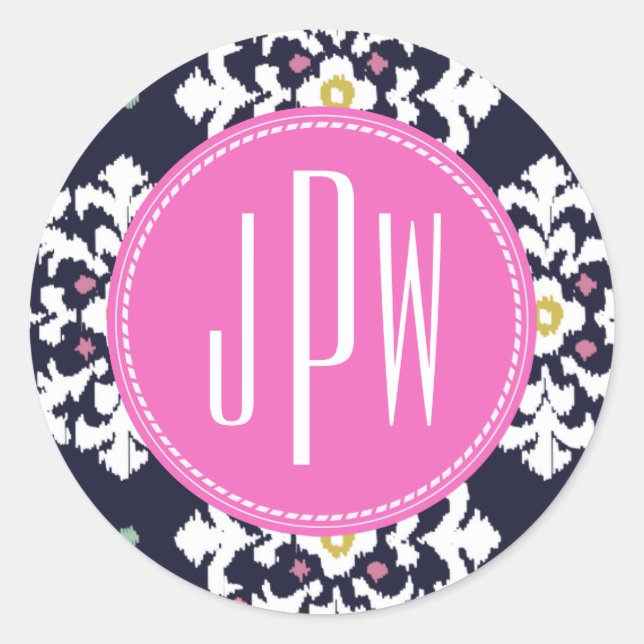 Ikat & Pink Monogram Classic Round Sticker (Front)