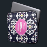 Ikat & Pink Monogram Laptop Sleeve<br><div class="desc">A gift which can be personalised with your monogram inside pink circle at centre.  Background is navy blue and white ikat pattern.</div>