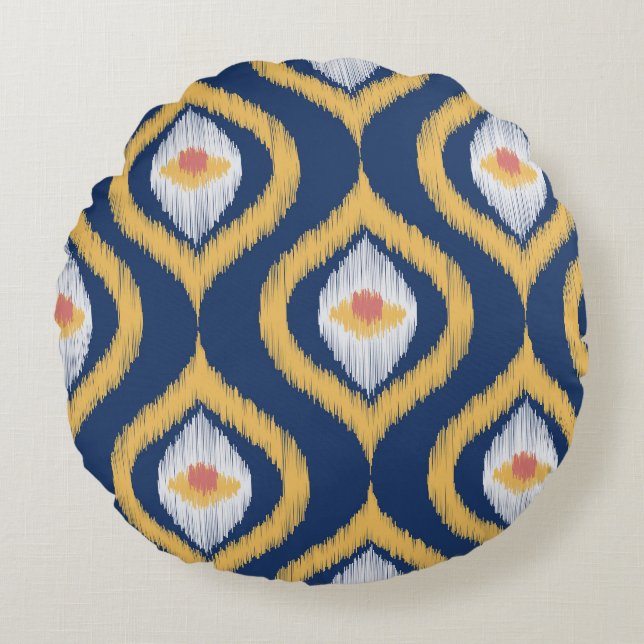 Ikat Series Ogee Blue Geometric Round Cushion (Front)