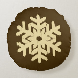 Ikat Snowflake - Beige and Chocolate Brown Round Cushion