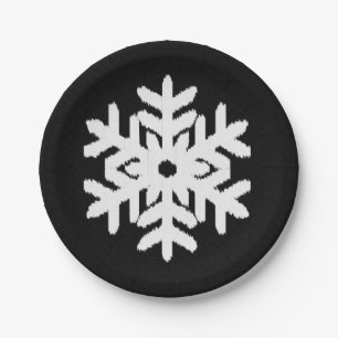Ikat Snowflake - Black and white Paper Plate