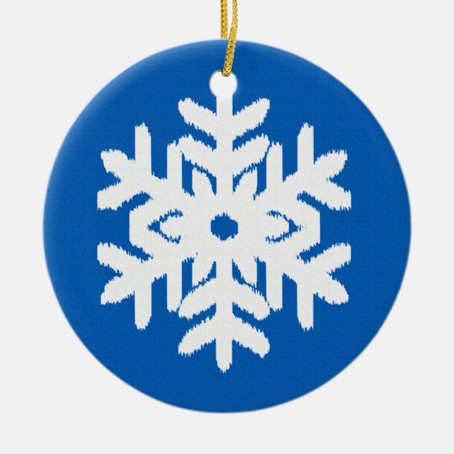 Ikat Snowflake - Cobalt blue and white Ceramic Tree Decoration (Front)