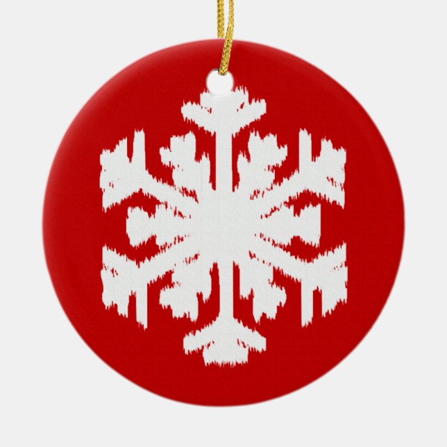 Ikat Snowflake - Dark red and white Ceramic Tree Decoration (Front)