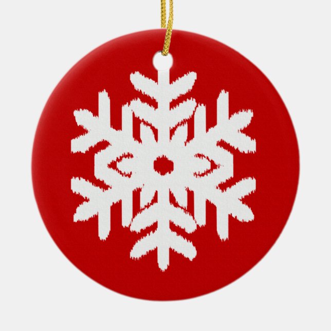 Ikat Snowflake - Dark red and white Ceramic Tree Decoration (Front)