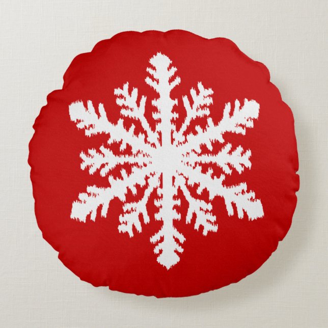 Ikat Snowflake - Dark red and white Round Cushion (Front)