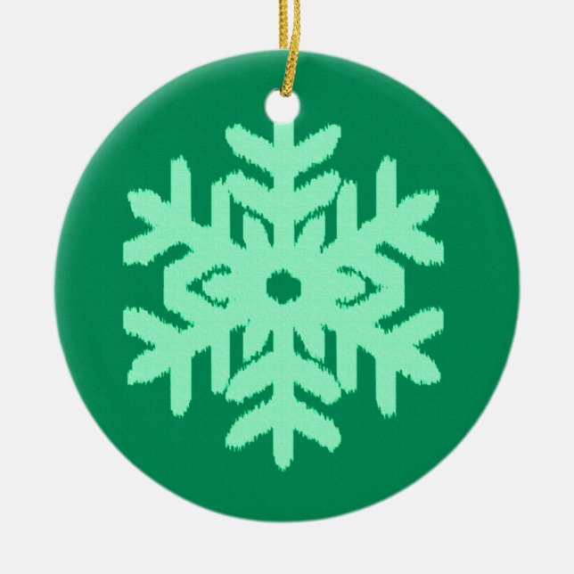 Ikat Snowflake - Pine and mint green Ceramic Tree Decoration (Front)