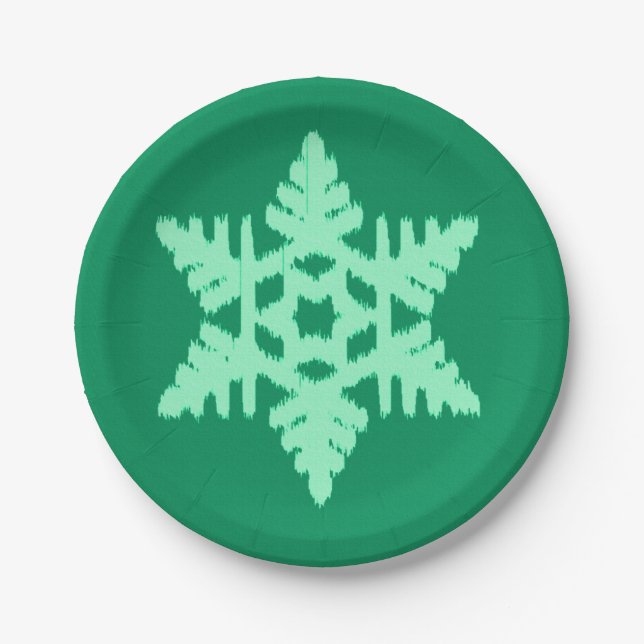 Ikat Snowflake - Pine and mint green Paper Plate (Front)