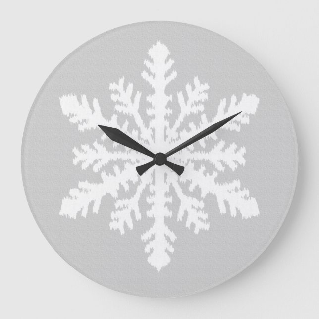 Ikat Snowflake - Silver grey and white Large Clock (Front)