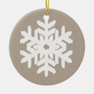 Ikat Snowflake - Taupe tan and white Ceramic Tree Decoration