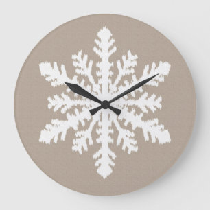 Ikat Snowflake - Taupe tan and white Large Clock