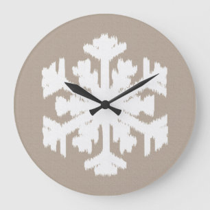 Ikat Snowflake - Taupe tan and white Large Clock