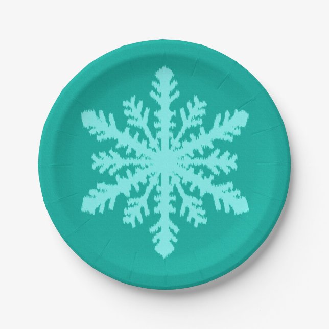 Ikat Snowflake - Turquoise and aqua Paper Plate (Front)