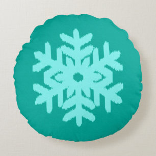 Ikat Snowflake -  Turquoise and aqua Round Cushion