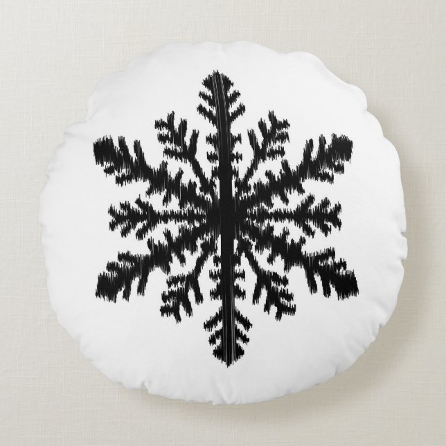 Ikat Snowflake - White and black Round Cushion (Front)