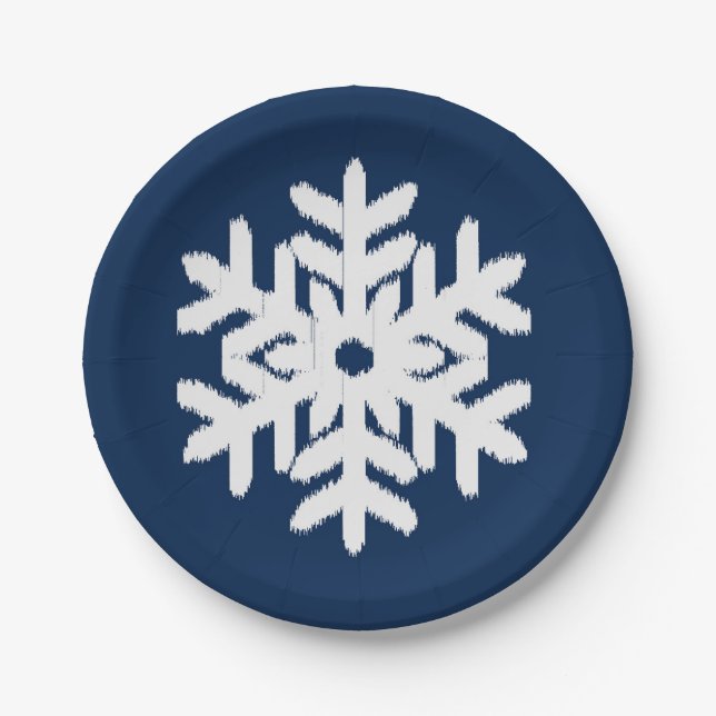 Ikat Snowflake - White and Dark Navy Blue Paper Plate (Front)