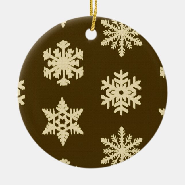 Ikat Snowflakes - Beige and Chocolate Brown Ceramic Tree Decoration (Front)