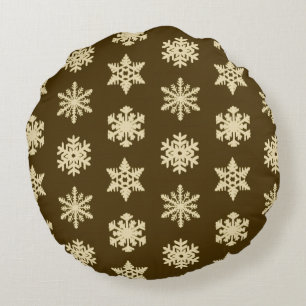 Ikat Snowflakes - Beige and Chocolate Brown Round Cushion