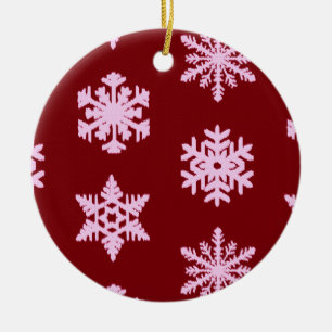 Ikat Snowflakes - Burgundy Wine and Pink Ceramic Tree Decoration