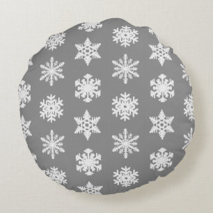 Ikat Snowflakes - Charcoal Grey and White Round Cushion