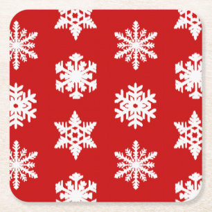Ikat Snowflakes - Dark red and white Square Paper Coaster