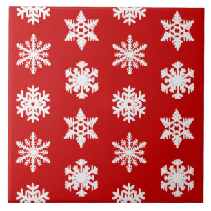 Ikat Snowflakes - Dark red and white Tile