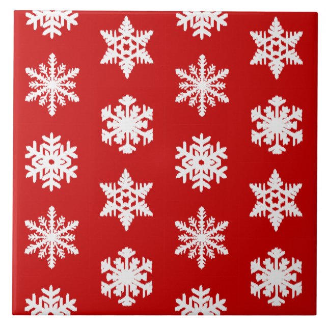Ikat Snowflakes - Dark red and white Tile (Front)