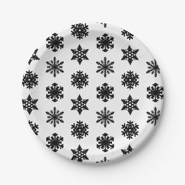 Ikat Snowflakes - White and black Paper Plate (Front)
