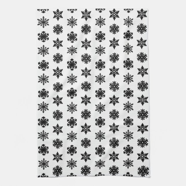 Ikat Snowflakes - White and black Tea Towel (Vertical)