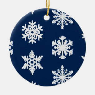Ikat Snowflakes - White and Dark Navy Blue Ceramic Tree Decoration
