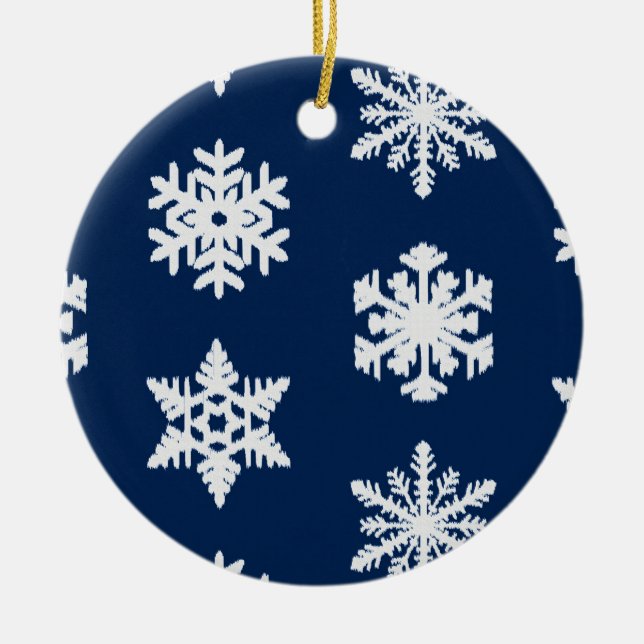 Ikat Snowflakes - White and Dark Navy Blue Ceramic Tree Decoration (Front)