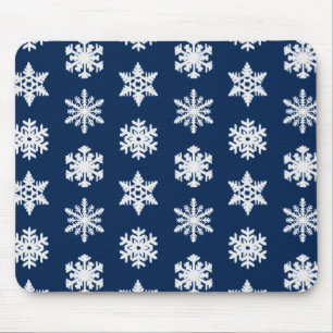 Ikat Snowflakes - White and Dark Navy Blue Mouse Mat