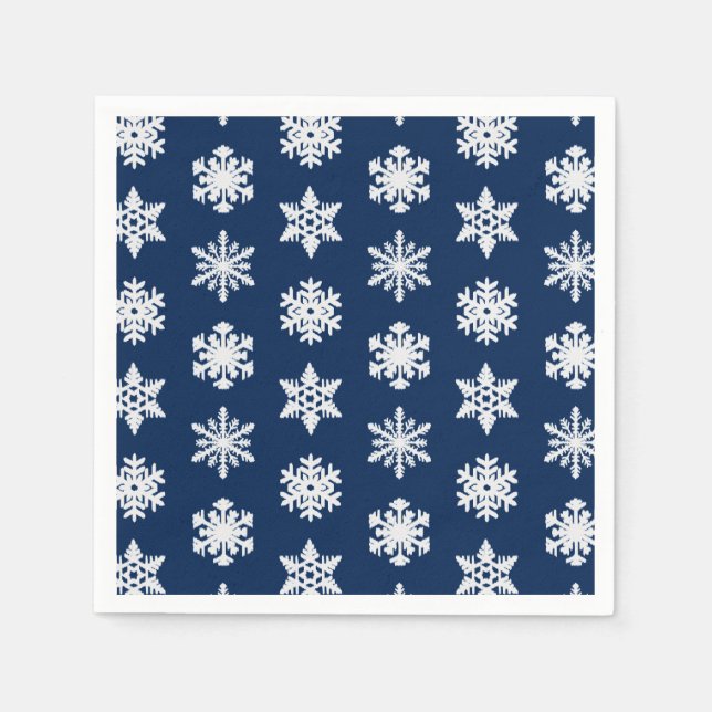 Ikat Snowflakes - White and Dark Navy Blue Napkin (Front)