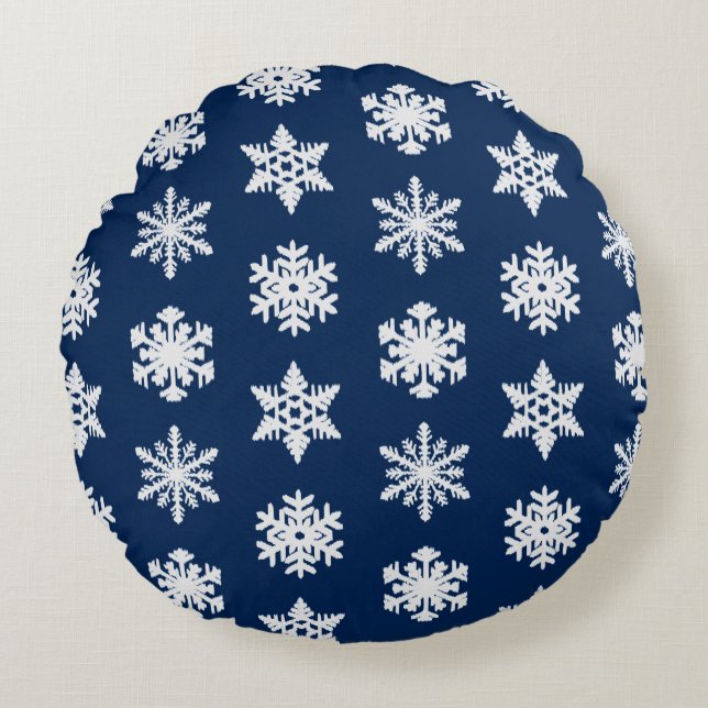 Ikat Snowflakes - White and Dark Navy Blue Round Cushion (Front)