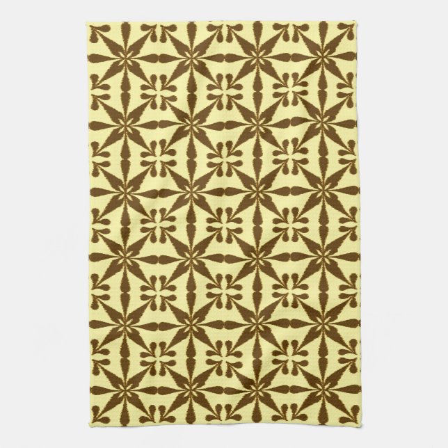 Ikat Star Pattern, Brown and Yellow Tea Towel (Vertical)