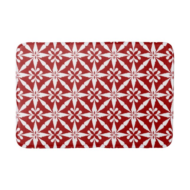 Ikat Star Pattern - Dark Red and White Bath Mat (Front)