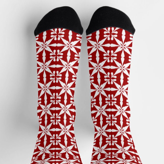 Ikat Star Pattern - Deep Red and White Socks (Top)