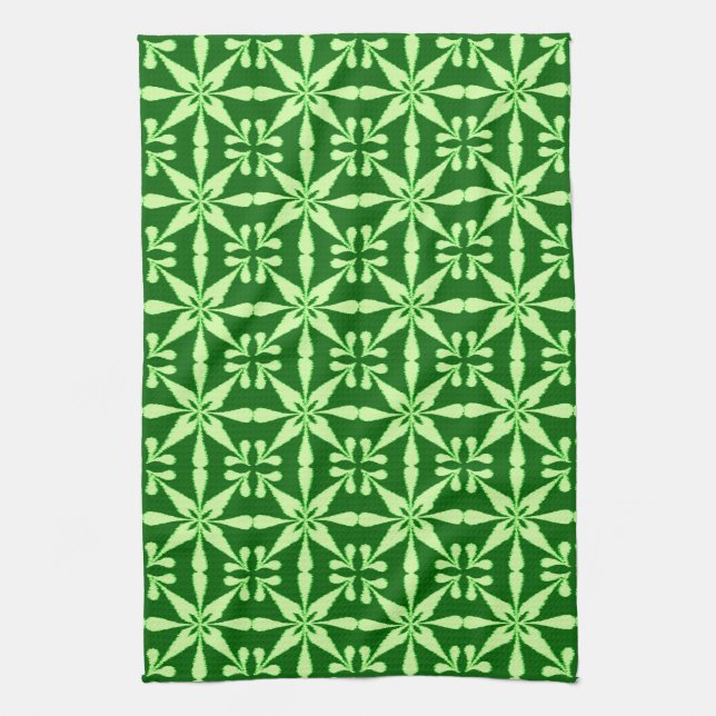 Ikat Star Pattern, Lime and Dark Green Tea Towel (Vertical)
