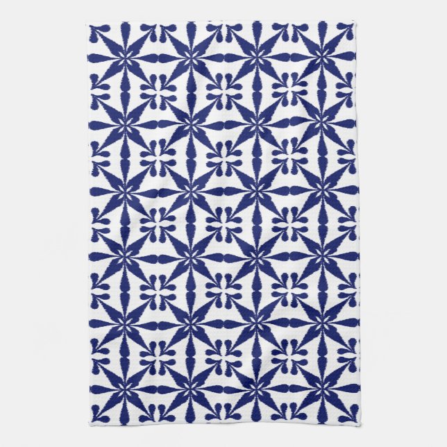 Ikat Star Pattern, Navy Blue and White Tea Towel (Vertical)