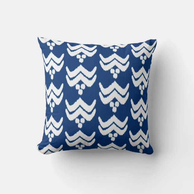 Ikat stylised floral -  indigo blue and white cushion (Front)