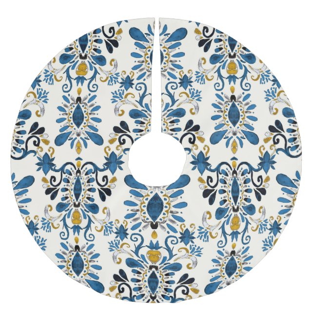 Ikat tie-dye, tribal watercolor brushed polyester tree skirt (Front)