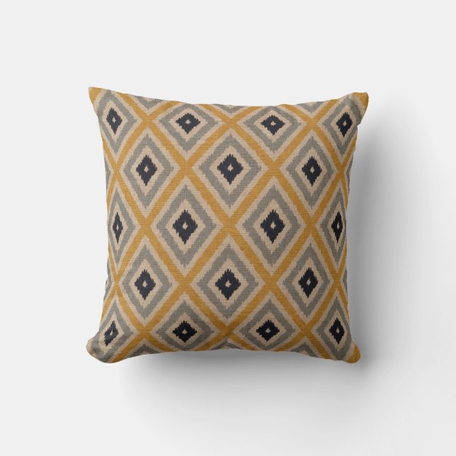 Ikat Tribal Diamond Pattern Yellow Blue Brown Cushion (Front)