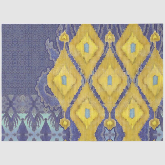 IKAT Uzbekistan Antique Tribal Blue Yellow Pattern Tissue Paper (Front)