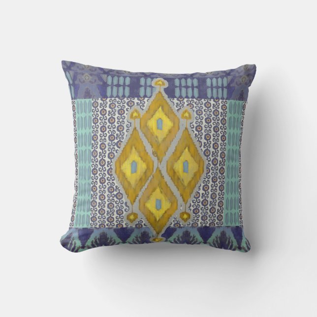 IKAT Uzbekistan Vintage Tribal Pattern Navy Yellow Cushion (Front)